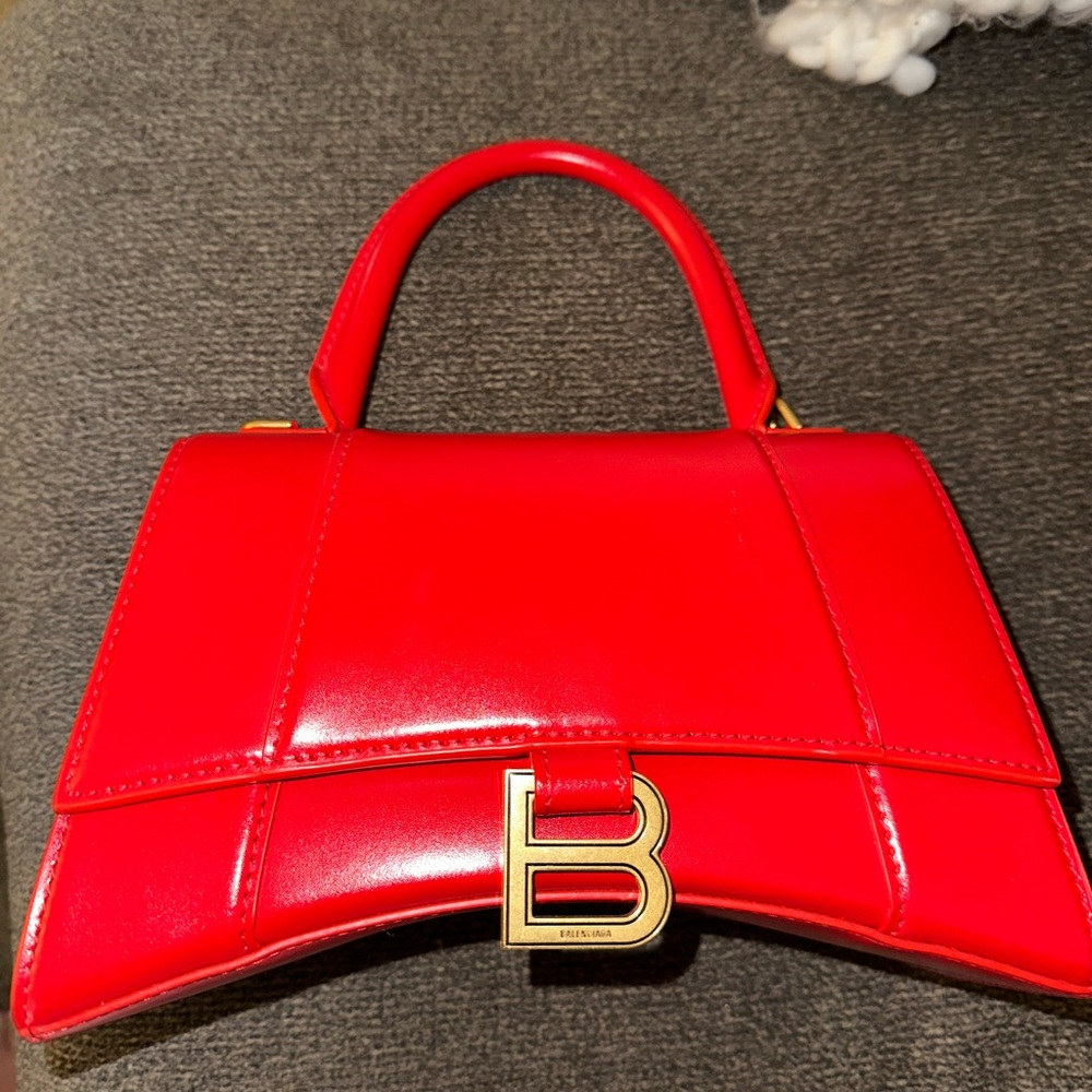 Balenciaga S Hourglass Red Handbag with Gold Emblem and Top Handle
